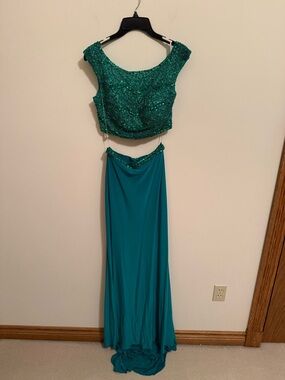 Sherri Hill Teal Two-Piece Beaded Prom Gown